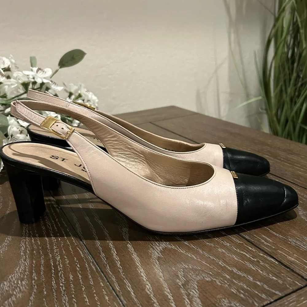 St. John Slingback Black / Tan Leather Heels Size 10 Made in Italy